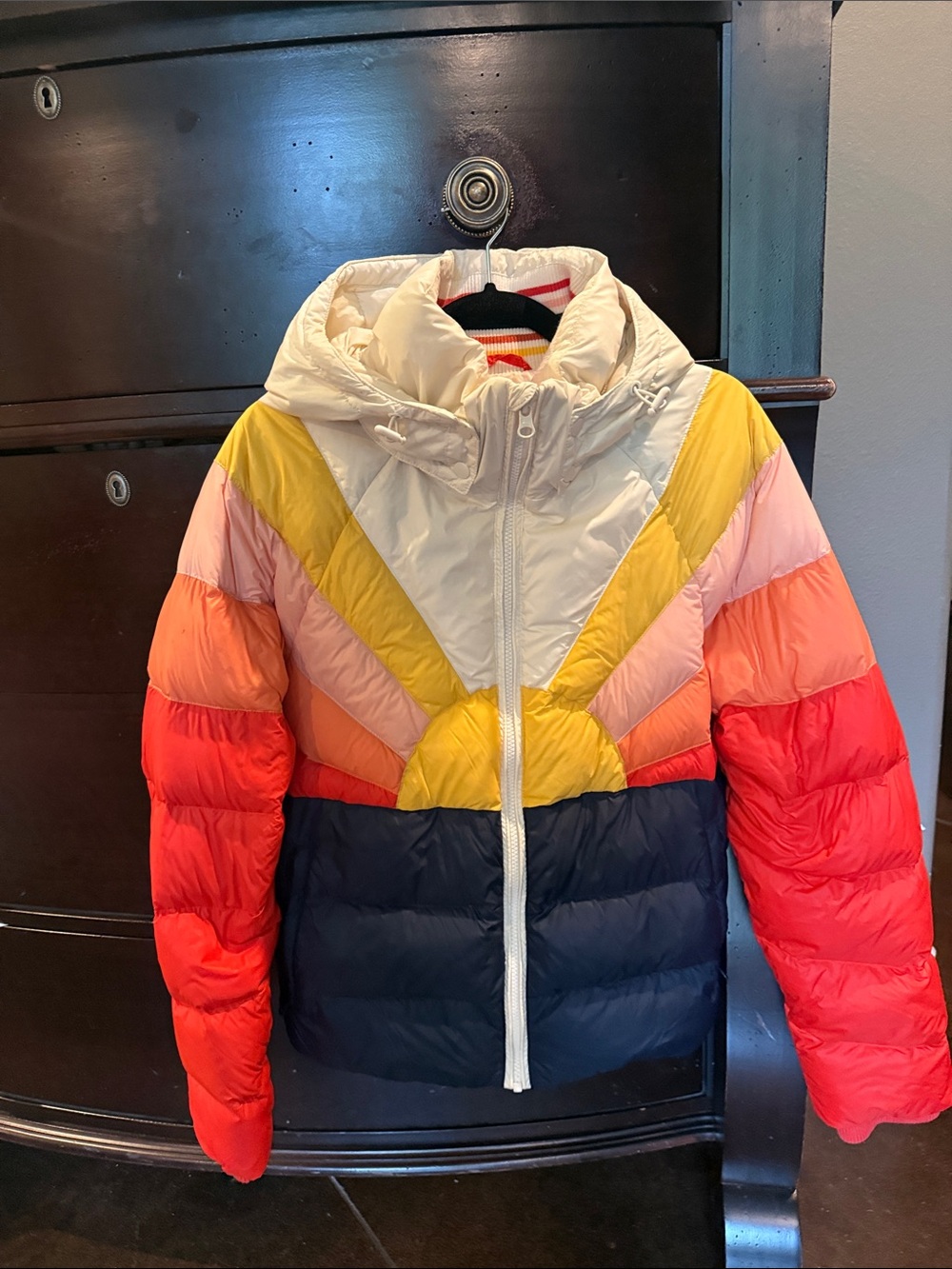 Marine Layer Colorblock Puff Jacket in Red, Yellow, Pink, Navy & Cream